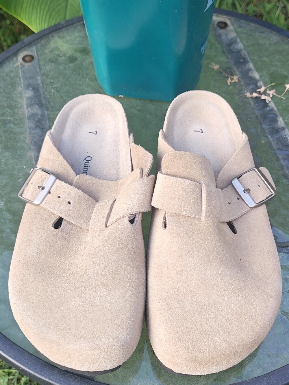Quince Beige Suede Slip-On Clogs with Buckle - Picture 4 of 7
